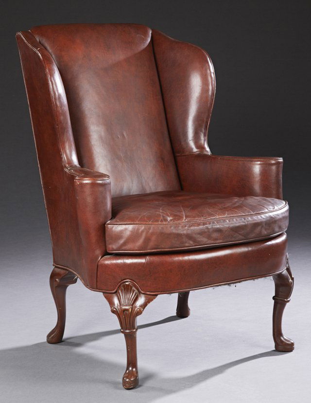 Queen Anne Style Carved Mahogany Leather Wing Chair, (1 of 1)