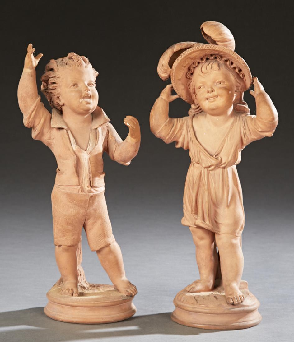 After Adolphe Jean Lavergne (Act. 1863-1928, French),: After Adolphe Jean Lavergne (Act. 1863-1928, French), "Boy and Girl," late 19th c., pair of terracotta statues of children, with impressed signatures on the integral stepped circular bases, Girl- H.-