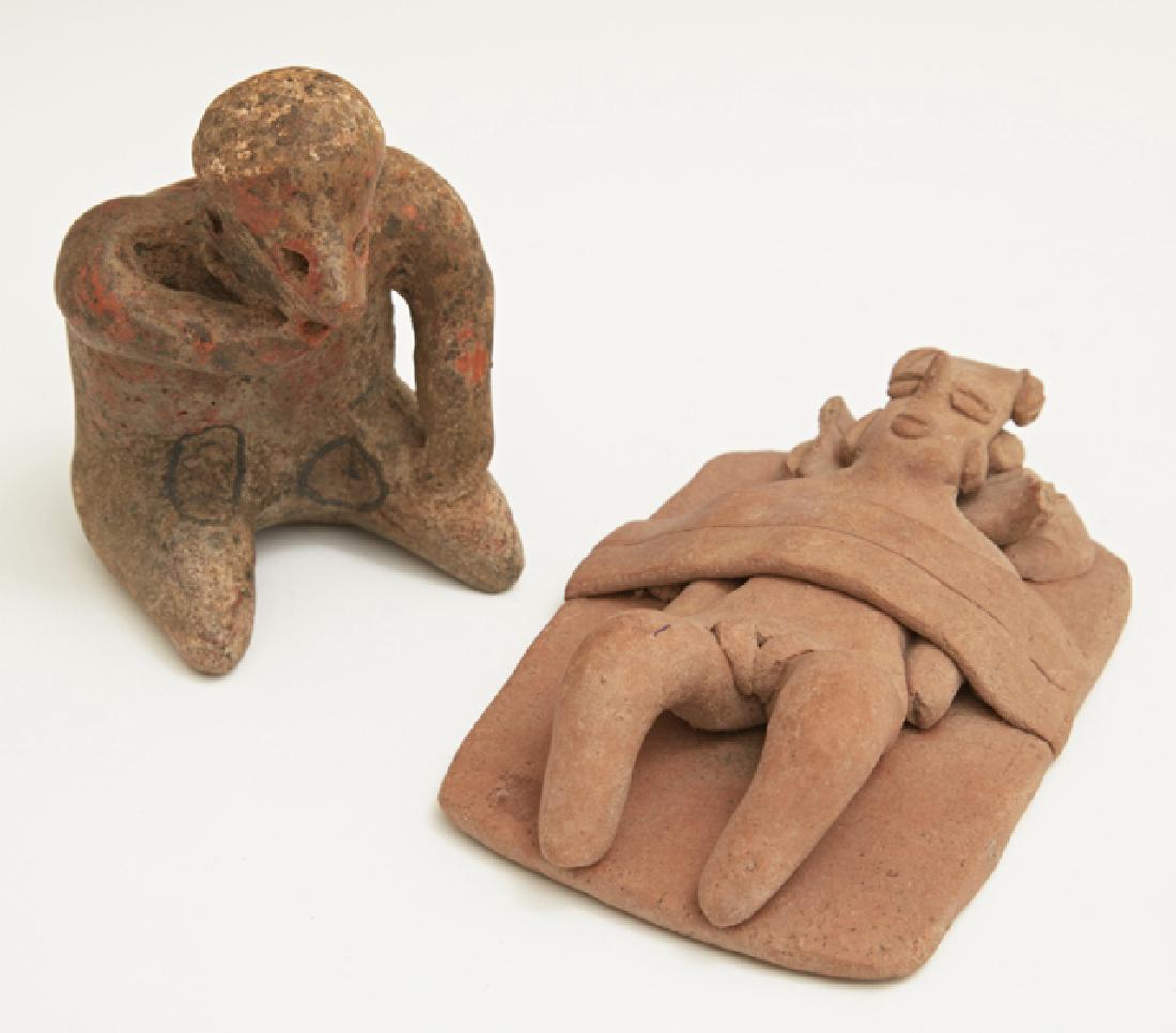 Two Pre-Columbian Pottery Figures, consisting of a: Two Pre-Columbian Pottery Figures, consisting of a seated male and a bed figure of a sleeping female, Male- H.- 4 1/8 in., W.- 3 in., D.- 2 7/8 in. (2 Pcs.)