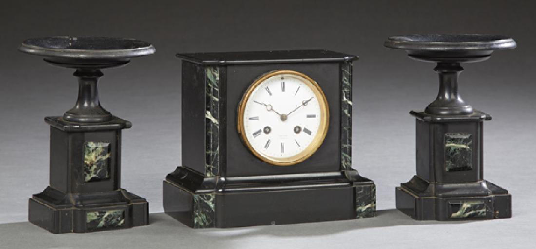 French Inlaid Black and Verde Antico Marble Clock Set, (1 of 1)