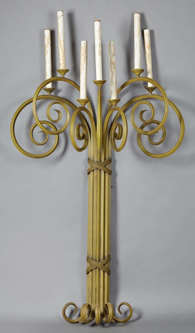 Mid-Century Painted Metal Seven Light Candelabra, 20th: Mid-Century Painted Metal Seven Light Candelabra, 20th c., by Phyllis Morris, Beverly Hills, with seven faux candlesticks in tapered bobeches to scrolled arms on a clustered bound support, with scroll