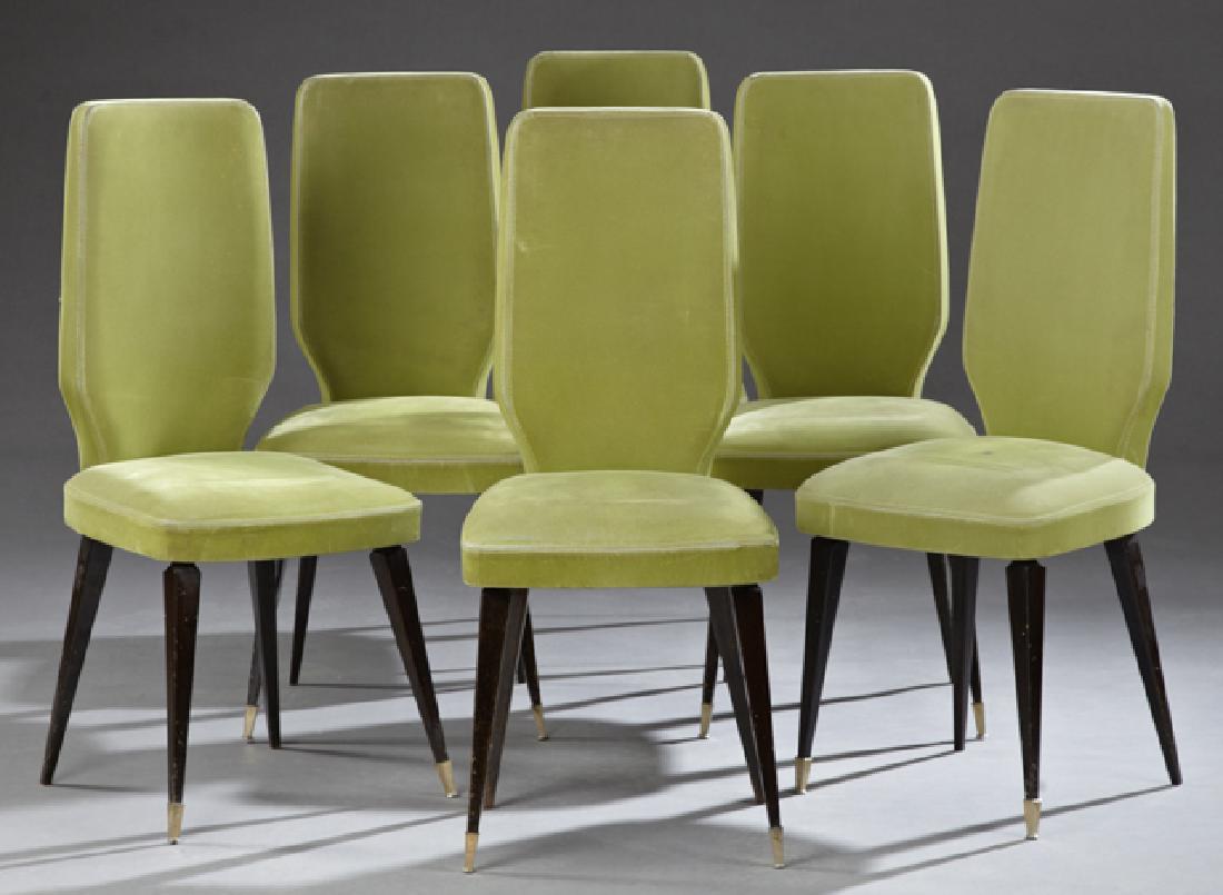 Set of Six Art Deco Carved Mahogany Upholstered Dining: Set of Six Art Deco Carved Mahogany Upholstered Dining Chairs, c. 1930, the shaped upholstered backs over upholstered bowed seats, on square tapered legs with ormolu sabots, H.- 39 1/2 in., W.- 16 3/4