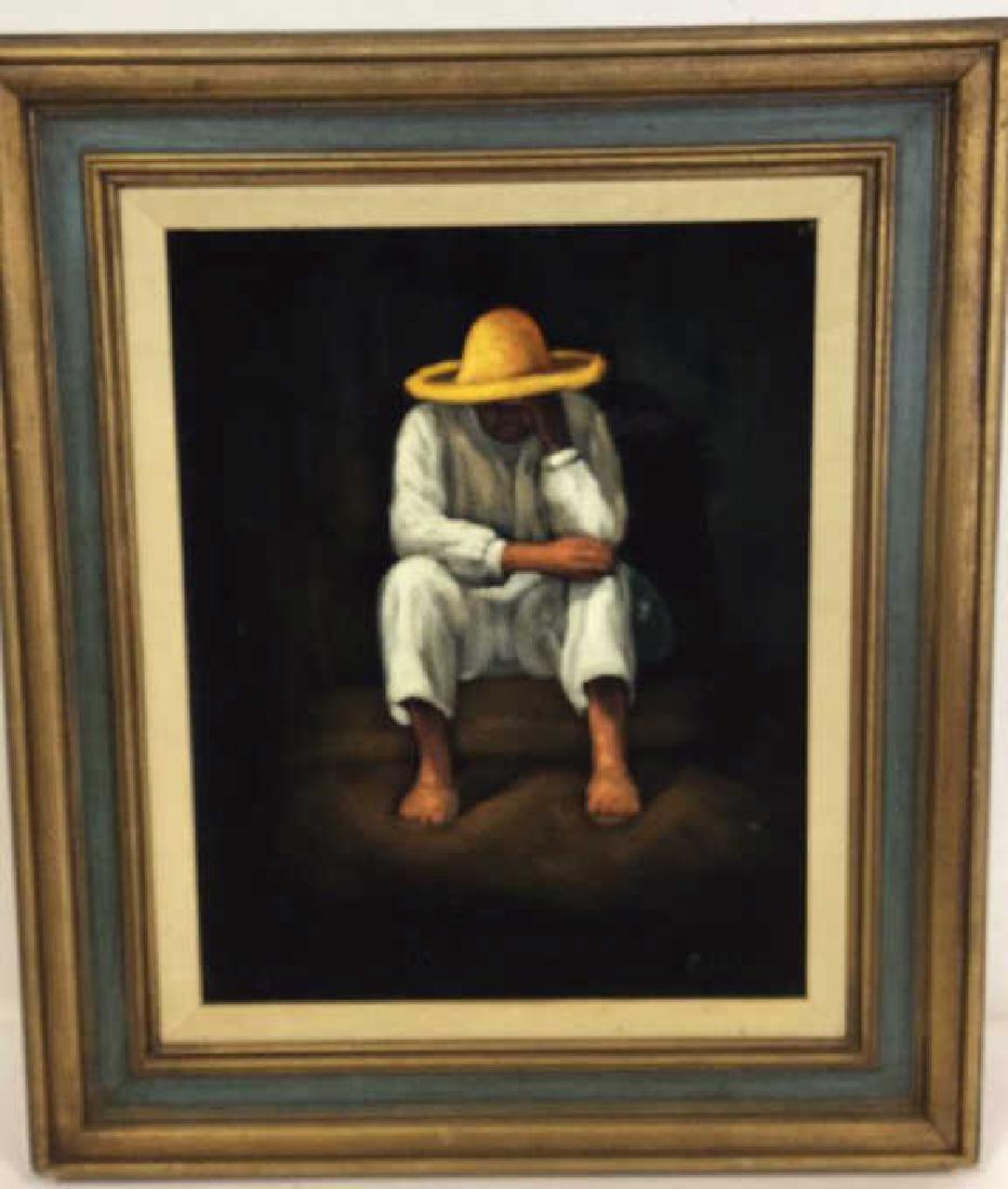 Oil Painting On Velvet Signed Rivera Oil painting of: Oil painting of peasant deep in thought wearing white clothing with yellow sombrero and sandals. Canvas-like matting with wooden frame painted bronze and turquoise. Painting signed Rivera. Measures 28