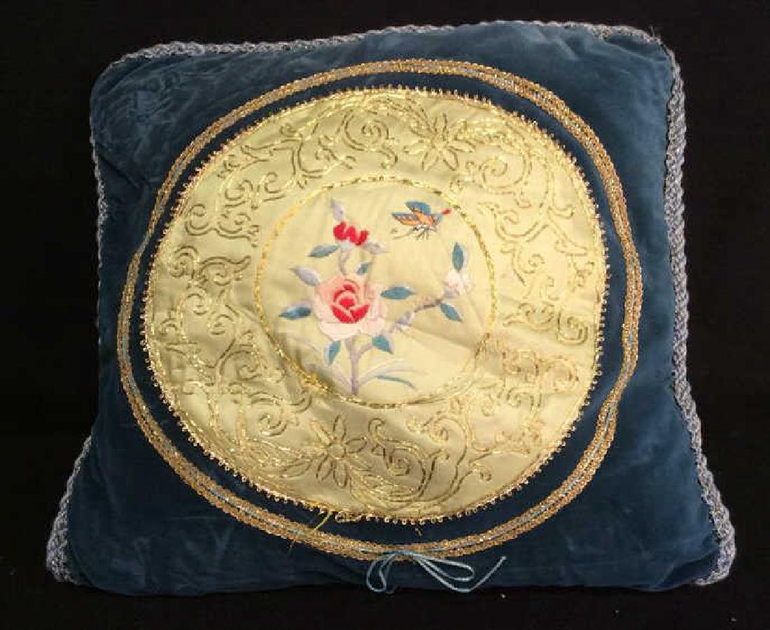 Vintage Embroidered Silk Velvet Throw Pillow Asian (1 of 8)