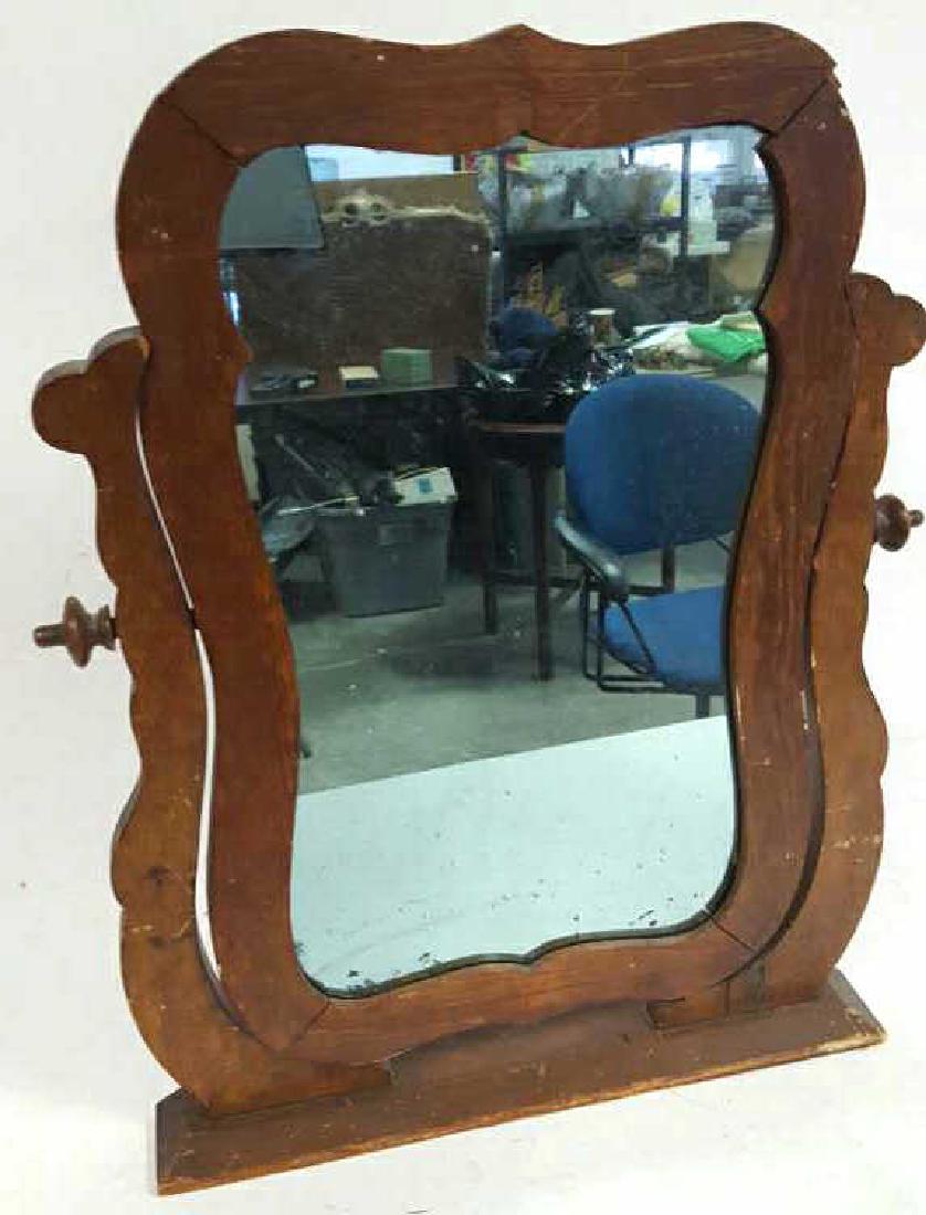 Desk Desk Vintage Mirror Desk Desk Vintage Mirror,: Desk Desk Vintage Mirror, carved wood frame mirror, mirror tilts backwards and forwards, some scratches and chips, measures 25.5 inches high by 20 inches wide by 2.5 inches deep