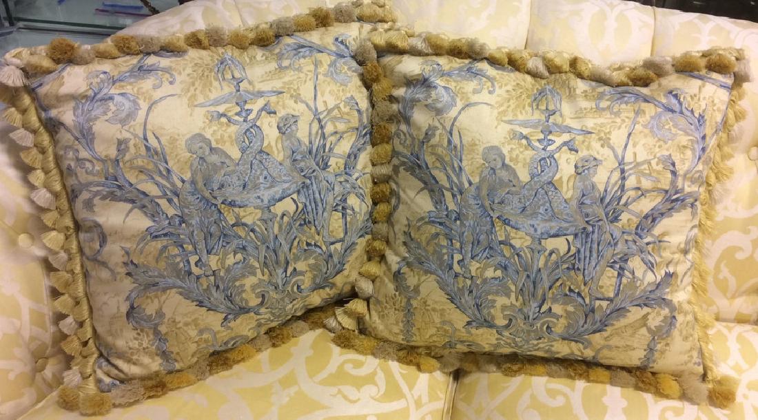 Pair Custom Down Toile Throw Pillows Tasseled Pair of (1 of 9)