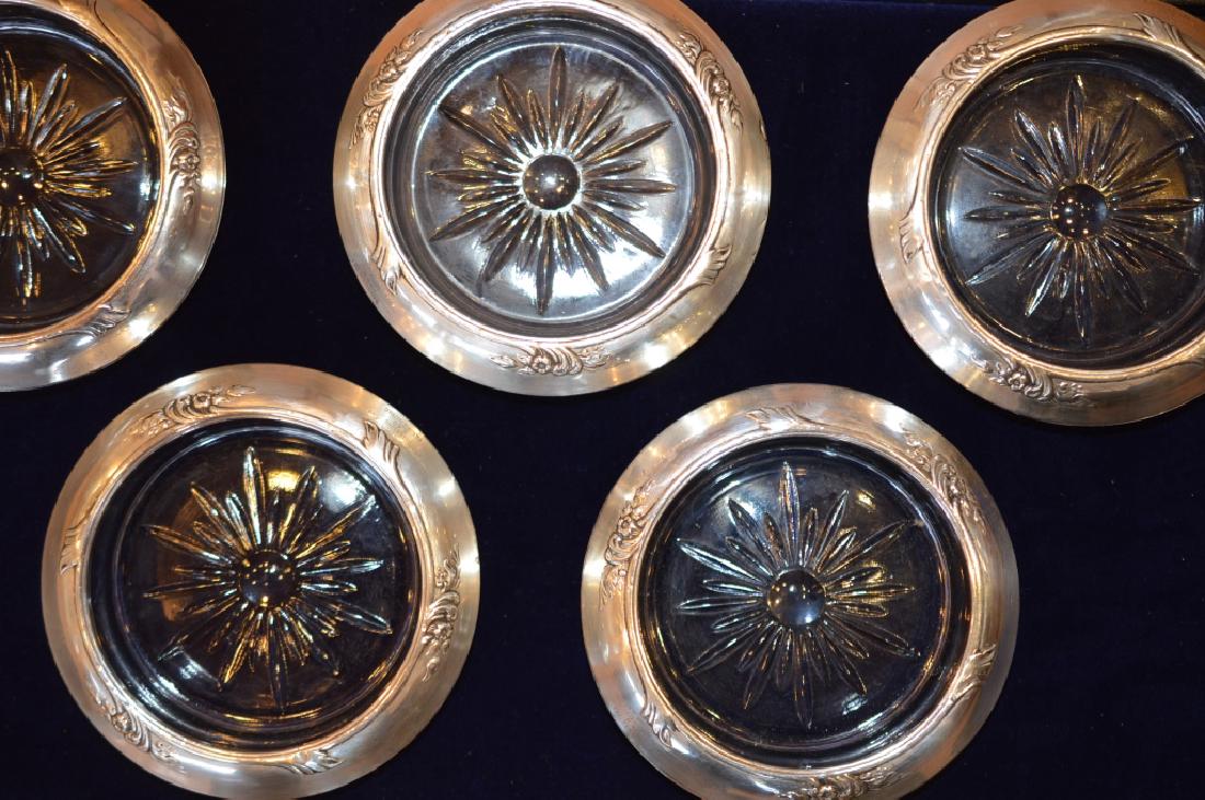 Frank M. Whiting 5 Piece Glass Coaster Set 5 Piece: 5 Piece Glass Coaster Set Stamped with Sterling Trim with Roses and Leaf Pattern