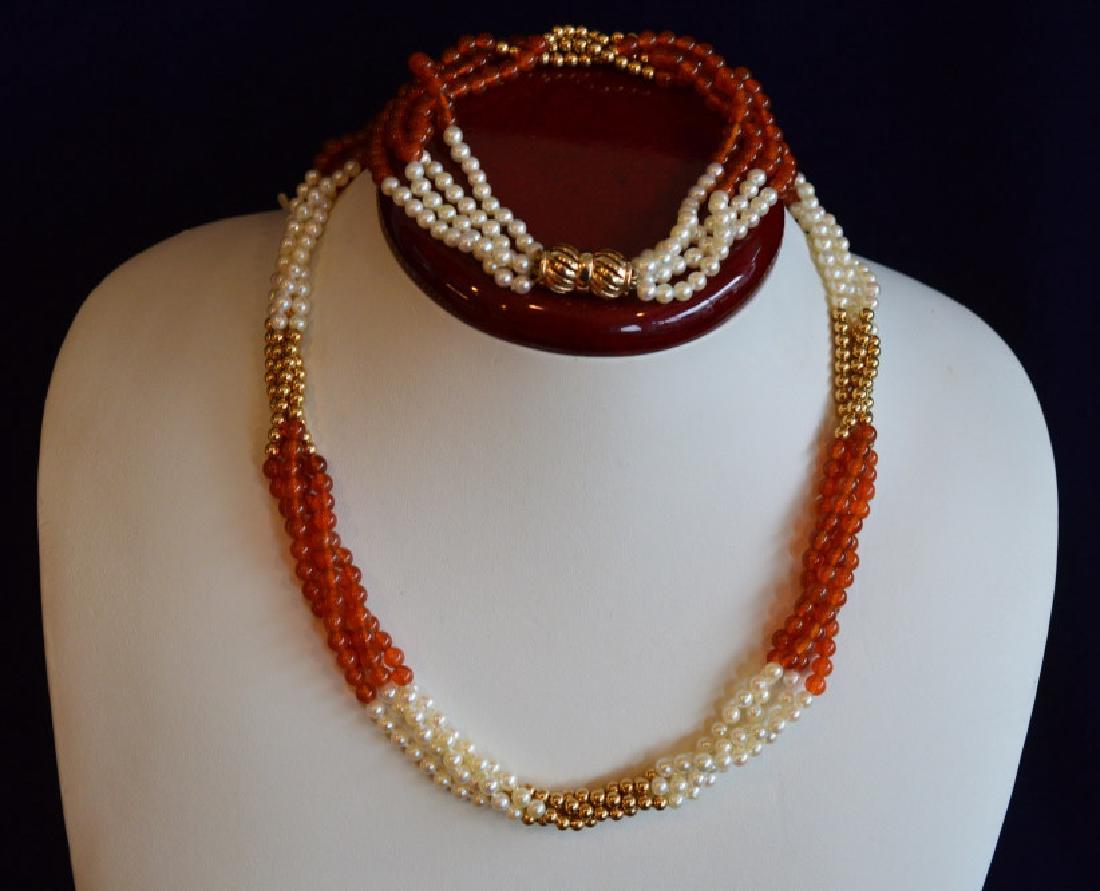 Carnelian & Pearl Necklace & Bracelet Set 17" 4 Strand (1 of 4)