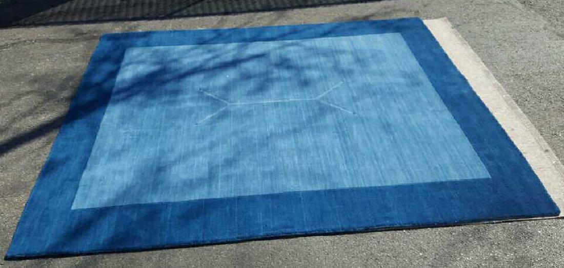 Piers Import Area Carpet Piers Import Area Carpet,: Piers Import Area Carpet, different shades of blue, royal blue border around a turquoise blue center, previous table imprint still visible, otherwise good condition, has rug pad, measure ls 118 by 96