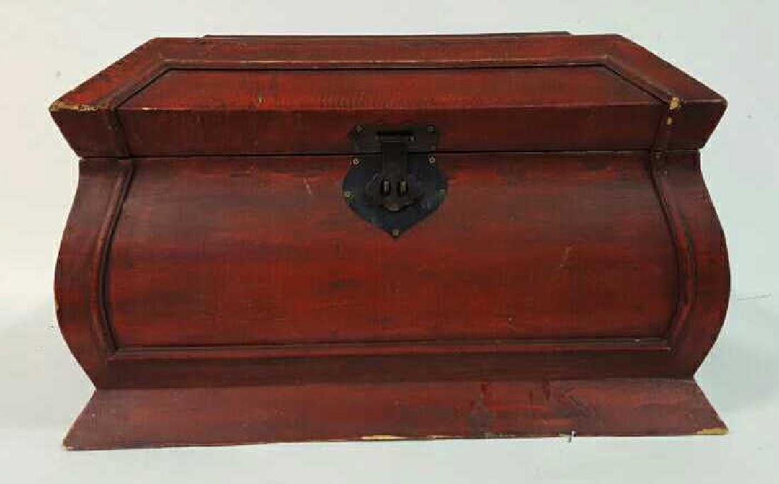 Vintage Red Painted Wood Chest Vintage Red Painted Wood: Vintage Red Painted Wood Chest, brass hardware, felt padding inside, some scratches and chips, measures 14 inches high by 22 inches wide by 18 inches deep