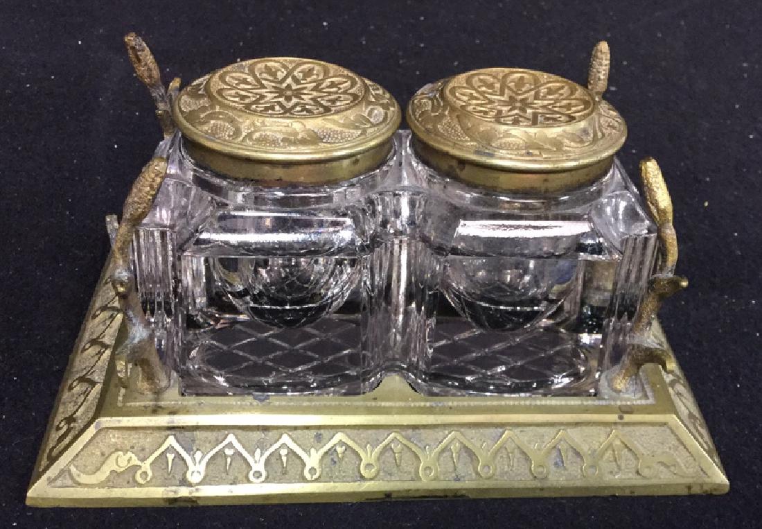 Antique Crystal And Brass Inkwell Set Pair of clear (1 of 8)