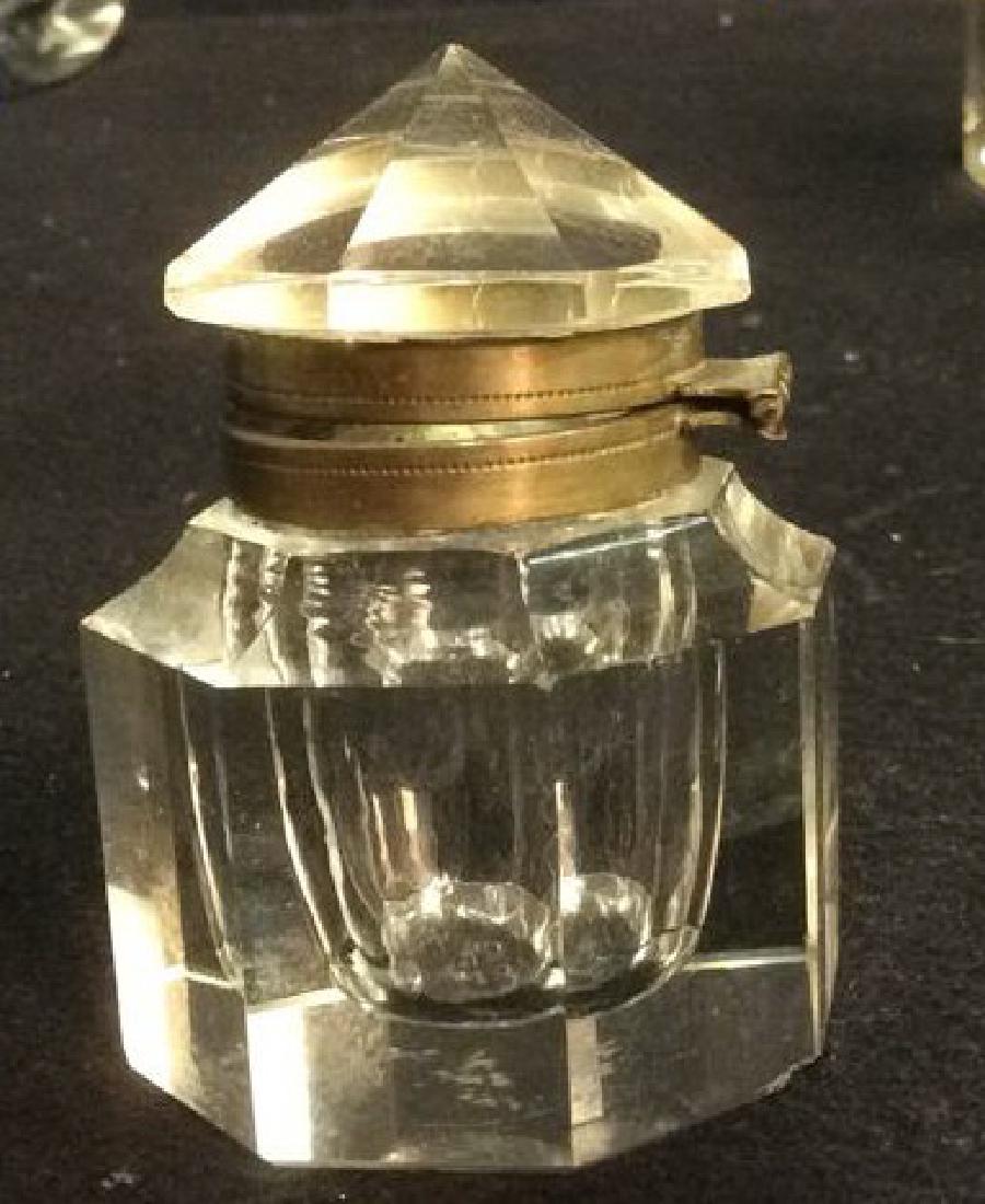 Crystal and Brass Hexagon Shaped Inkwell Crystal and (1 of 6)