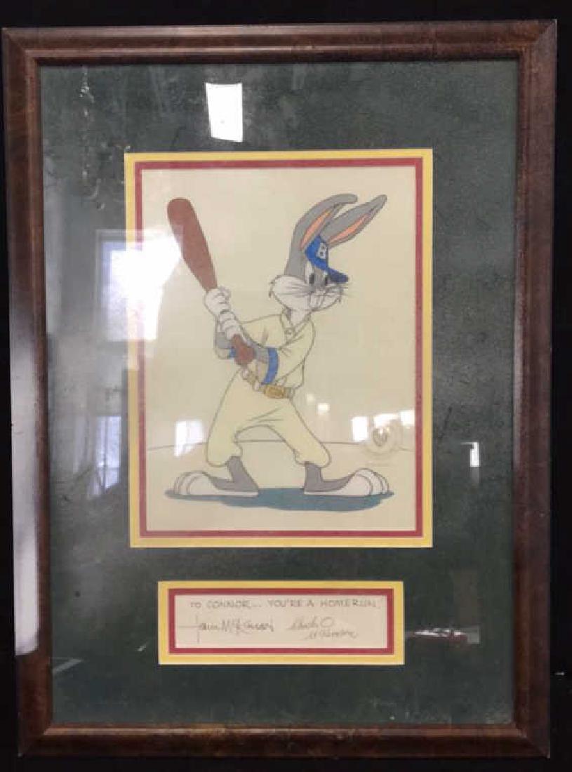 Bugs Bunny At Bat Limited Edition Sericel Framed: Framed sericel Bugs Bunny at Bat marked Authenticated by McKimson Productions, Limited Edition Sericel. Personalized "To Connor...You're a Homerun! " and signed by Charles O. McKimson and Tom McKimson
