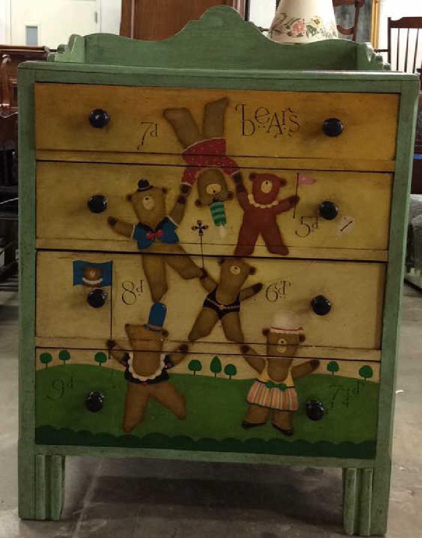 Painted Dancing Bears Dresser Painted and varnished: Painted and varnished dresser with carved wood gallery, possibly antique. Three drawers each hand dovetailed painted wood knobs. Carved feet measures 42 inches ht to back of gallery, depth 17.5 width 