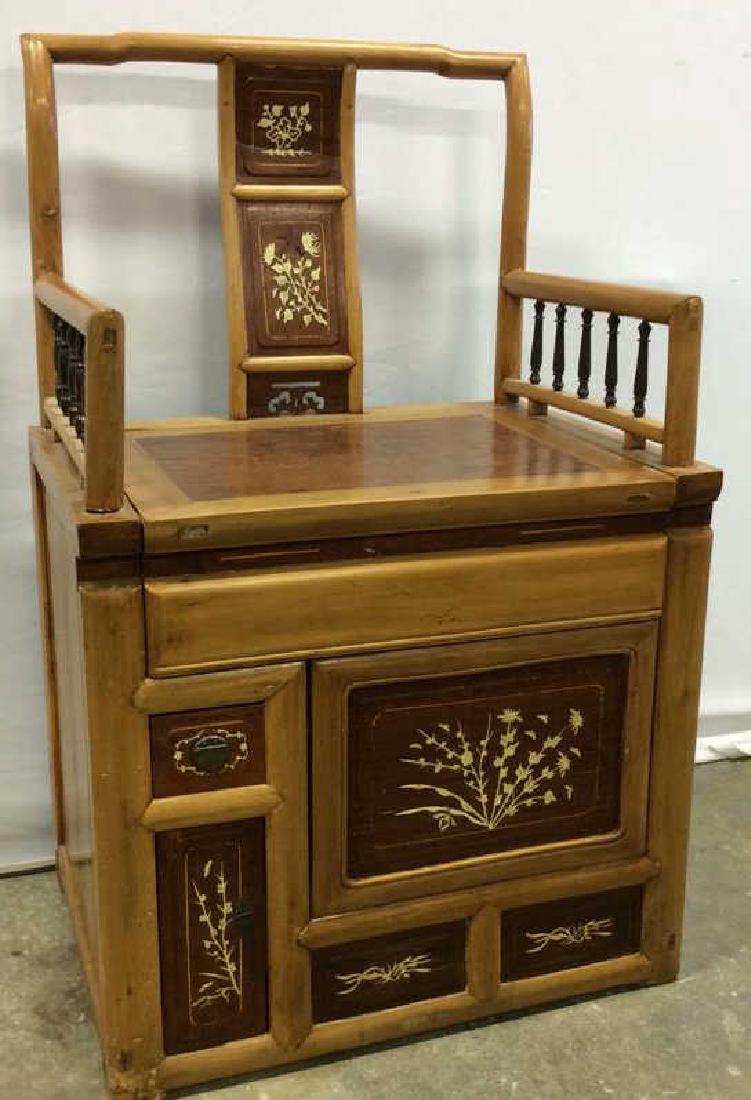 Antique Carved Rosewood Bone Inlay Arm Chair Antique: Antique hand carved Asian Arm Chair with under seat Storage , carved and curved back slat with Inlaid bone Asian Floral Design, arms with carved spindle supports. Front panels with Inlaid bone florals