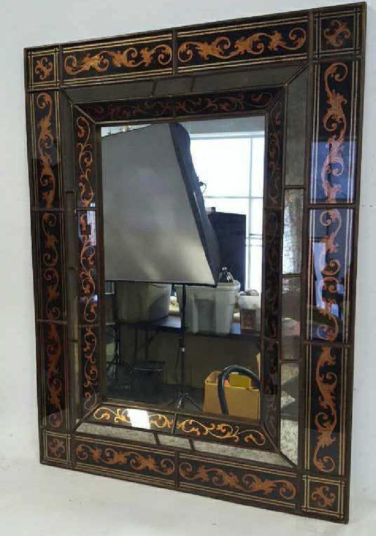 South Con Collection Handmade Mirror South Con: South Con Collection labeled, Handmade Mirror, Originally purchased at ABC Collection NYC, handmade in Peru, carved wood frame and design colored glass frame, scroll like border design, measures 48 in