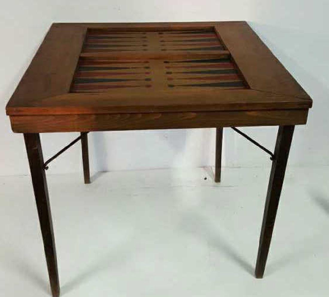 Backgammon Table Board Backgammon Table Board, table: Backgammon Table Board, table folds up, cork board,straight legs, some paint stains, measures 28.5 inches high by 30 inches square