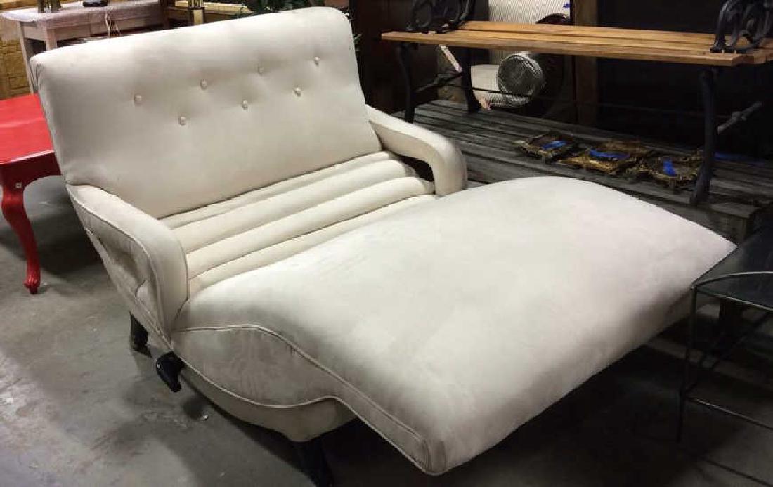 Corbusier Style Vintage Lounge Chair In the sinuous: In the sinuous style of Corbusier is this fully upholstered lounge chair, extra wide in ultra Suede Fabric is worn. Architectural lines, side lever mechanism, splayed wood feet. Property of New Canaan