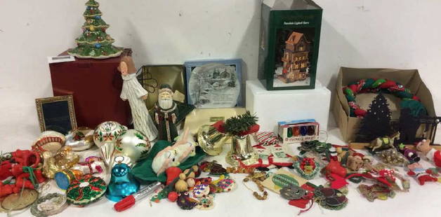 Group Lot Vintage Christmas Decor: Villeroy and Bosch Ceramic tree, mikasa plates, vintage ornaments, decorative holiday accessories , Porcelain lighted house Heritage Dickens heartland valley villageand more.