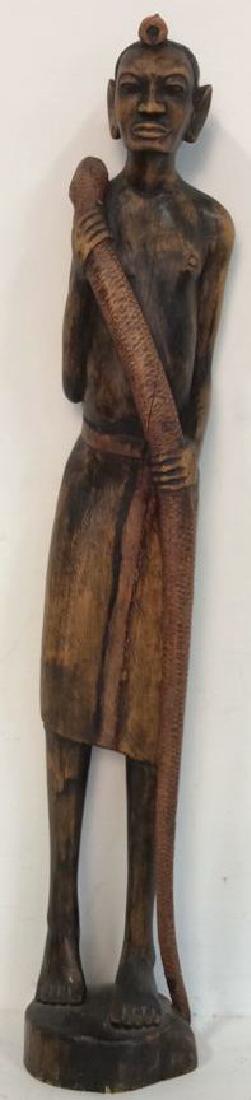 Carved painted African Figural Sculpture w Snake (1 of 9)