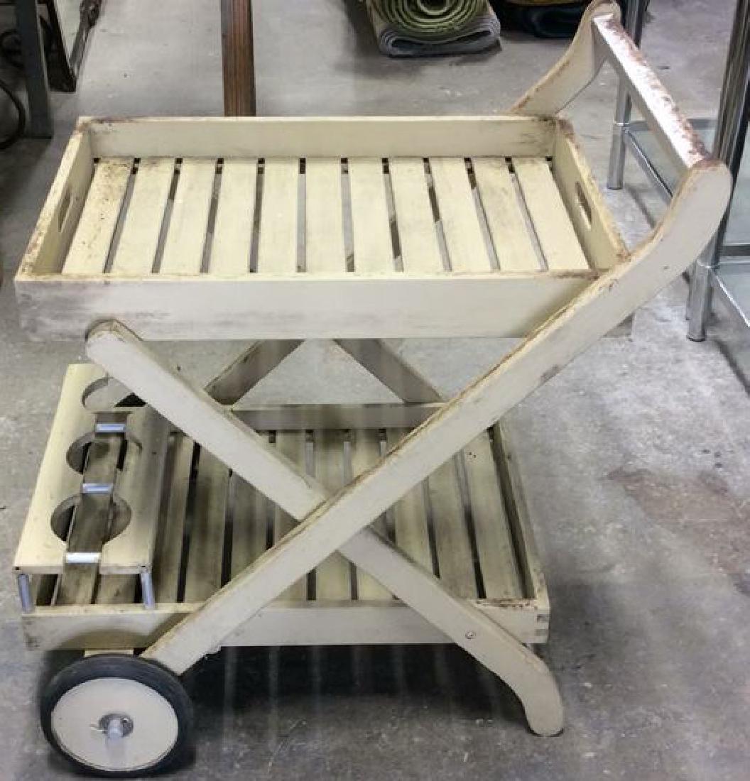 Outdoor Wood Metal Bar Cart: Needs clean up, slatted wood metal frame indoor outdoor bar cart. Measures ht 30 inches length 28 inches width app 20 inches