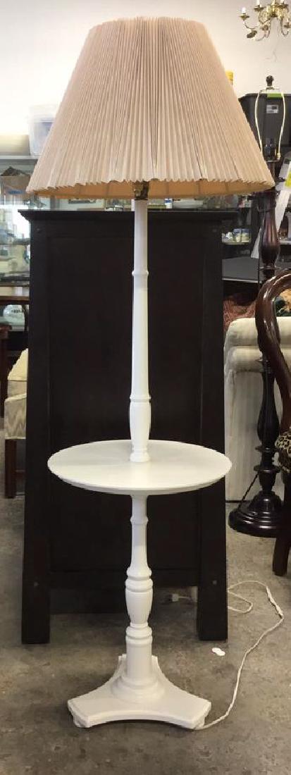 Wood Floor Lamp With Tray Table Painted White: Wood Floor Lamp With Tray Table Painted White with aTrned Pole and three legs. Measures approx 55 1/2 inches tall, tray measures 15 inches diameter. Lamp Floor Lamp Tray Table Lighting