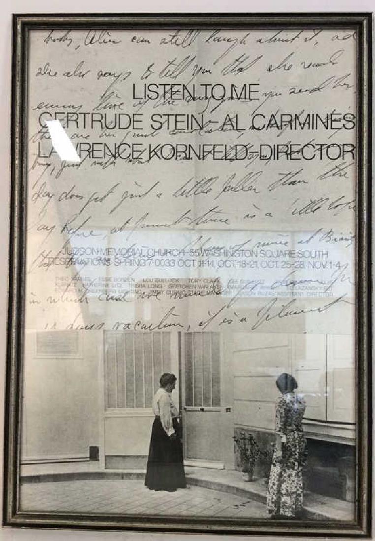 Vintage Gertrude Stein Framed Theatre Poster Poster: Poster Listen to Me Gertrude Stein, Al Carmines, Lawrence Kornfeld- Director. Framed and matted measures 24 by 17 inches. Collection of Dr George New Pratt Institute New York