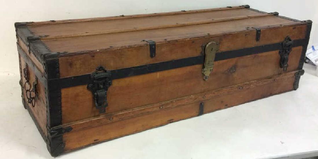 Antique Pine Leather Brass Metal Trunk Antique Trunk (1 of 10)