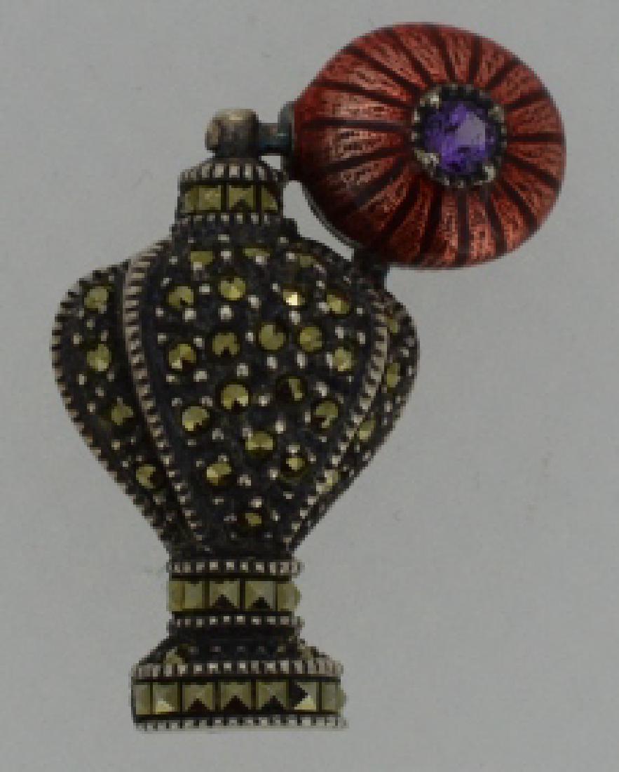 Exquisite Vintage Sterling & Marcasite Pin in Perf: Unique, with enamel and garnet appointments, measures 1 1/8"