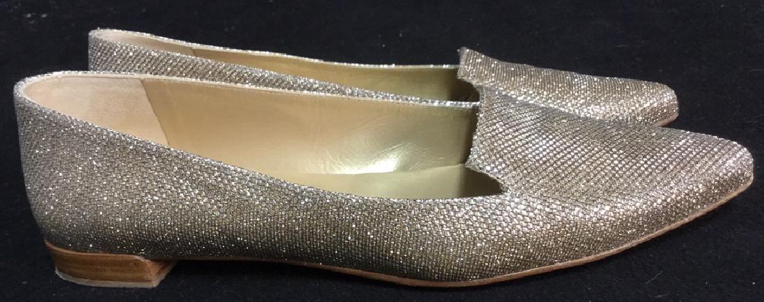 Women's Stuart Weizmann Designer Gold Tone: Women's Designer Slip Ons with 1/2 inch heel, sparkly gold tone, pointy toe, size 9 M.