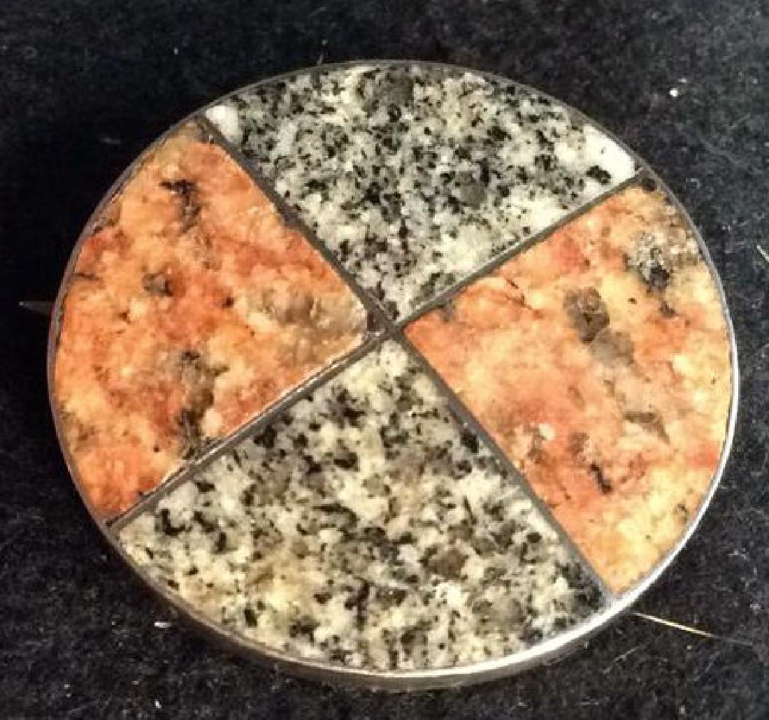 Two Granite Stones Set in Silver Pin: Pinwheel patterned stone setting signed on back M. Rettie & Sons Aberdeen. Diameter app 1 3/4.