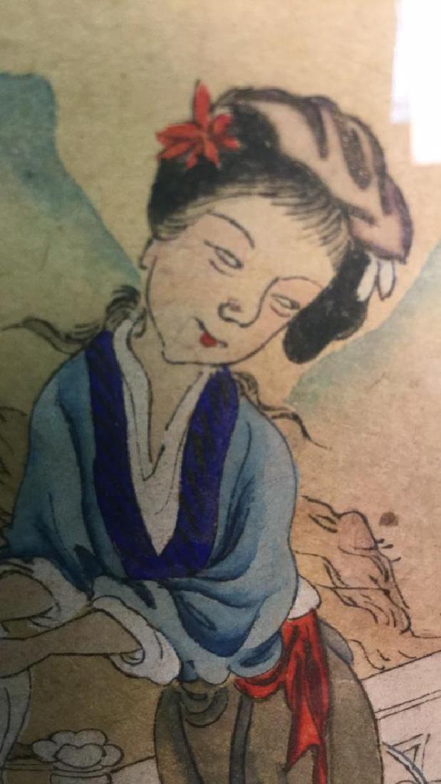 Two Japanese Watercolors In One Frame: Pair of Japanese watercolors framed together. Both scenes depict Japanese women in long flowing attire, in the countryside along the water and on a bridge with trees and mountains in the background. P