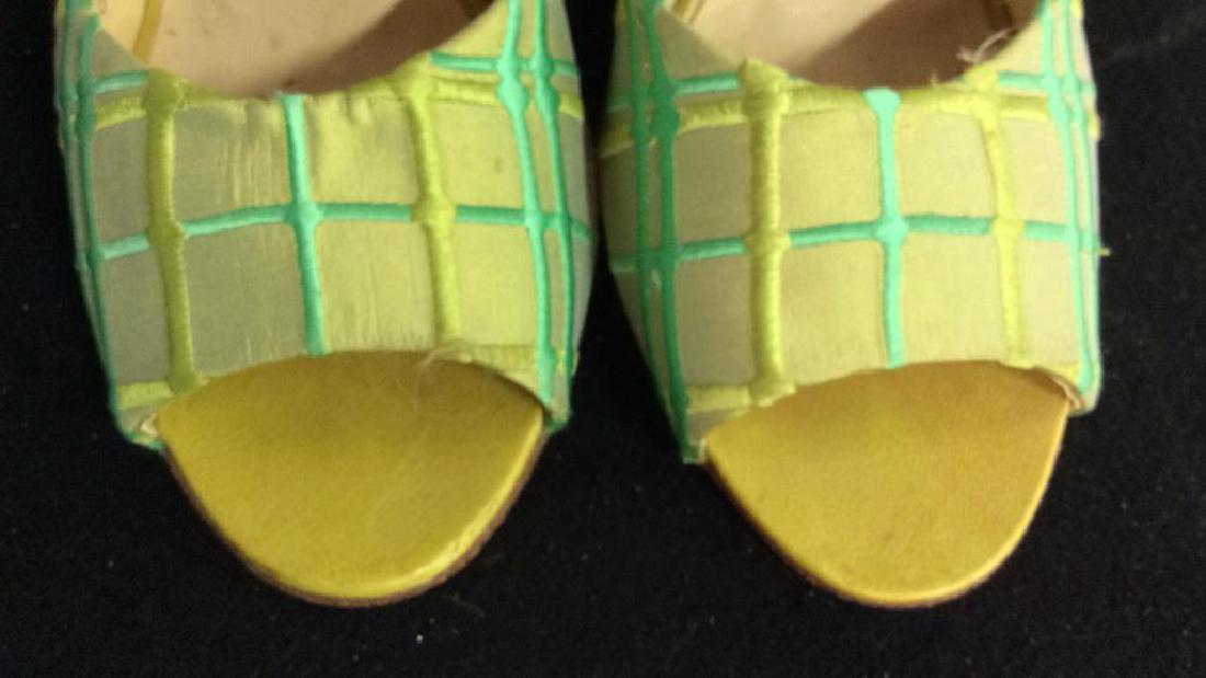 Bottega Veneta Italy Ladies Shoes: Ladies heeled slide on sandals, shoes, made in Italy marked for Bottefa Veneta, size 7 B. Leather and Silk