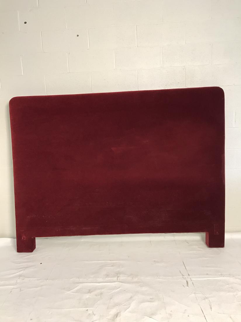 King size headboard: King size headboard covered with deep red Donghia velvet fabric. Property of Bedford estate. Dimensions: 60" H x 80"L x 5" D. Purchased at ABC Carpet & Home, NYC. Classic decor