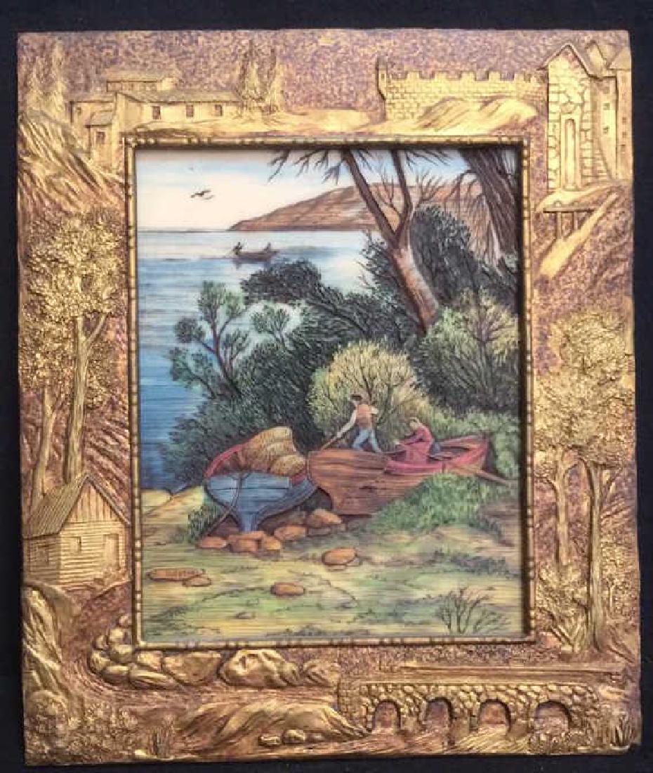 Asian Theme Artini Signed Exposed Engraving: Asian, Exposed and layered, painted engraving depicting fishing boat scene with man and woman. Artini' carvings are on 'man-made ivory' and hand painted. Copper/gold tone carved frame. Signed in lower