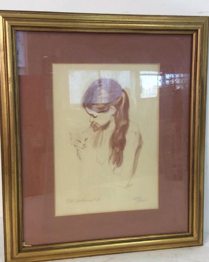 Sally Smith Litho Millie's Cat: Signed Lithograph 45/50 titled Millie's Cat. Gold leafed framed. Matted. Measures app 21 by 18 inches. Property of Larchmont collector