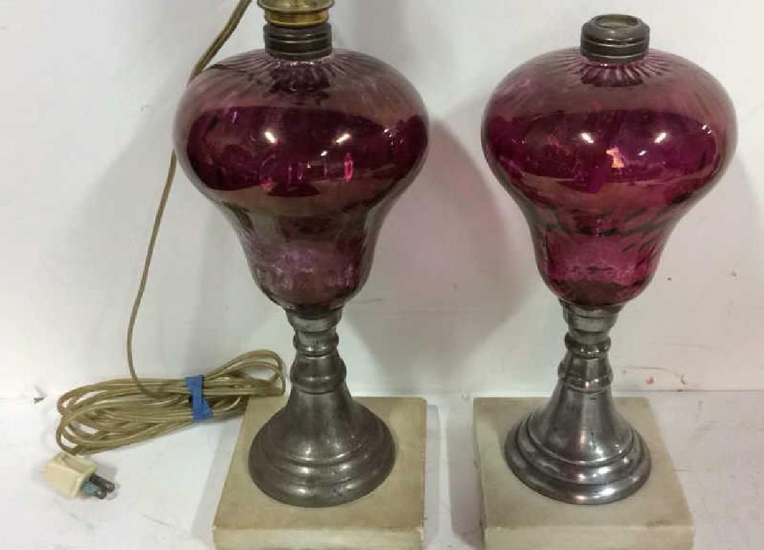 Pair Cranberry Glass Marble Base Lamps (1 of 11)