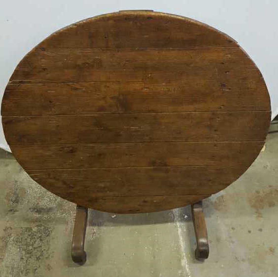 Signed French Antique Tilt Top Wine Tasting Table: Circa 19th Century , Signed partially legible VOIR II ,Rustic Antique French Wine Tasting Table, Tilt Top, Oak and Walnut, . round/circular surface, side table re-purpose dining table. Aged patina. De