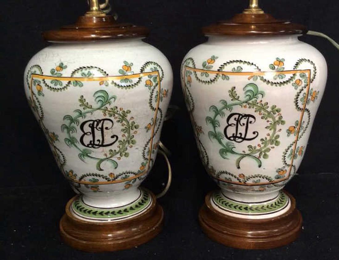 Pair Painted Faince Ceramic and Walnut Lamps (1 of 10)