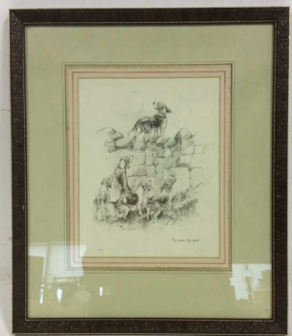 Original 1947 "Try Over" Print by K.F. Barker: Original "Try Over, Try Over!" print from 1947 by K.F. Barker that compliments his book Bellman: The Story of a Beagle from 1933. Portrays five beagles playing along a stone wall. Beautifully matted a