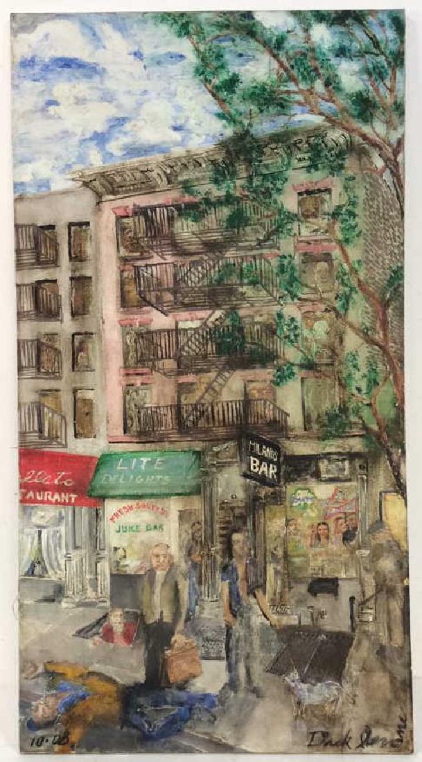 Dick Jerome signed Greenwich Village Painting: Richard ( Dick) Jerome New York artist, painting titled Greenwich Village Street, featuring iconic image of his favorite Milano. Signed Lower Right, dated October '08. Whimsical Expression of Greenwic