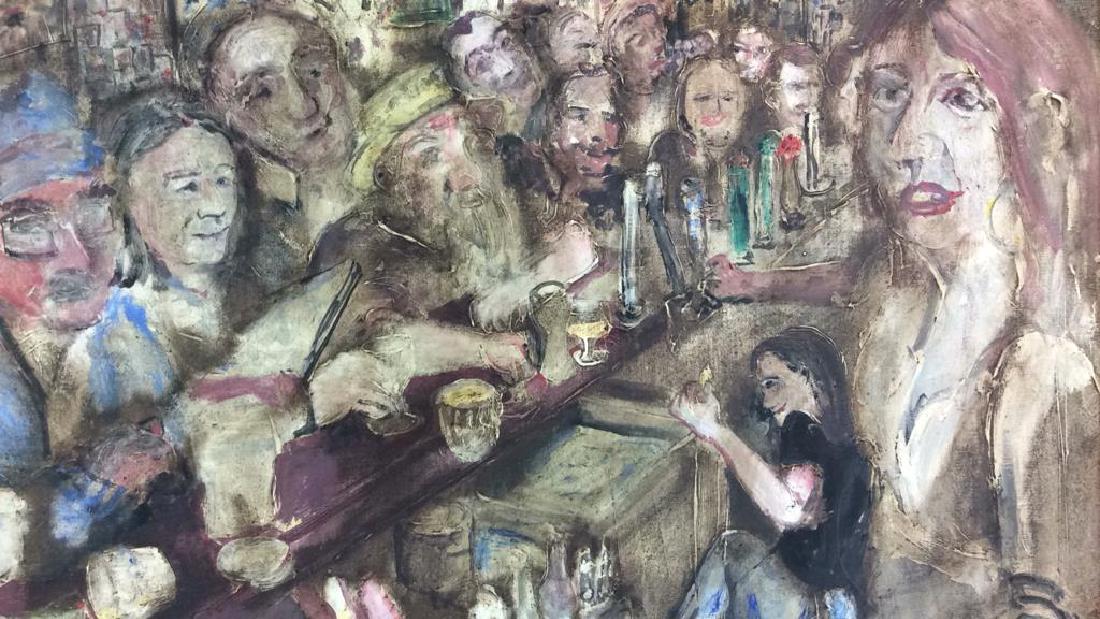 Dick Jerome Signed Bar Scene Painting on Canvas: Signed painting on Cancas by New York Artist best Known For Greenwich Village New York scenes paintings. Interior of crowded bar with whimsical expressions on various faces of Patrons. Signed lower ri