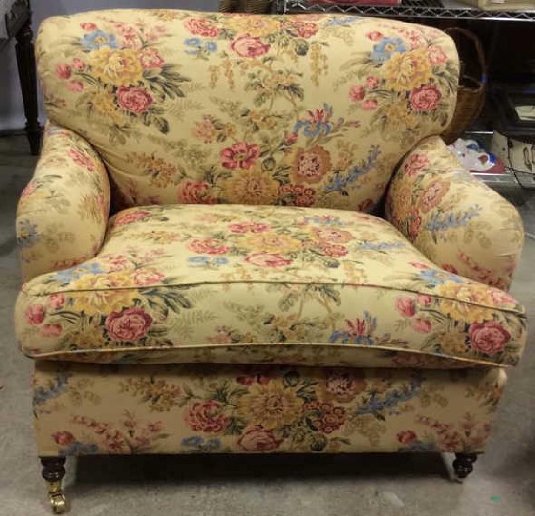 Chintz Upholstered Wide Arm Chair: Curated by Bunny Williams for. Bedford New York Interior Design Project, house featured in House and Garden Magazine. Chintz Upholstery, arm chair, club chair, lounge chair on heavy brass casters. Mea