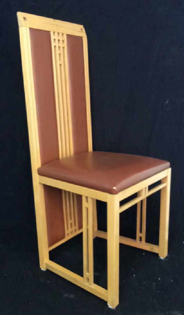 Charles R. Mackintosh Georgette Chair: Charles R Macintosh Circa 1902 Chair, unsigned, Measures ht 42 inches width 18 inches depth 17 inches, split of wood top of back crown, wear to corner leather. . Influenced by Japanese style, Mackinto