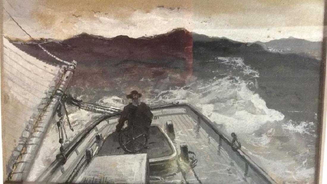 William F. Halsall Maritime Painting: Painting of man ona boat at sea. Measures framed app 17 inches ht by 19 inches width, man on a boat in rough seas, signed Halsall lower left. beautifully framed Ebony wood in carved faux alligator sty