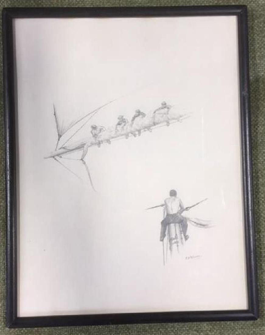 R. F. Paterson Framed Pencil Drawing Signed: Framed pencil drawing depicting men working on sail. Height app by 11 1/2 inches by app 9 inches. . Part of extensive Maritime art collection and property of nantucket Estate curated by Kullman Kravis