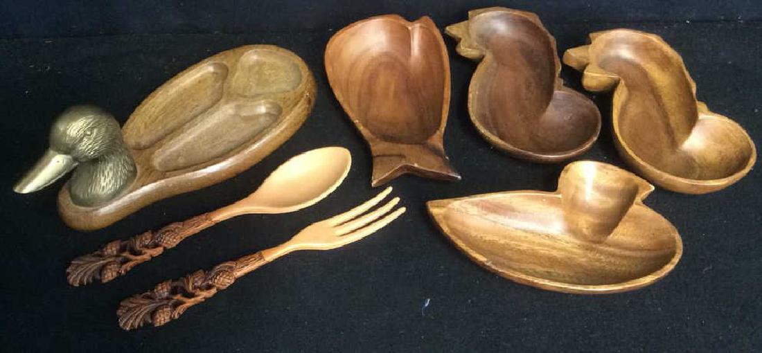 Group Lot 7 Wood Table Top Accessories: Group 7 Wood Table Top Accessories: brass and wood duck divided tray measures approx 11 inches long by approx 5 inches wide; one pair salad fork and spoon with carved pineapple handles; set 4 carved b