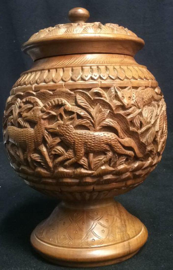 Carved Wood Tabacco Jar w Silver Plate Liner (1 of 6)