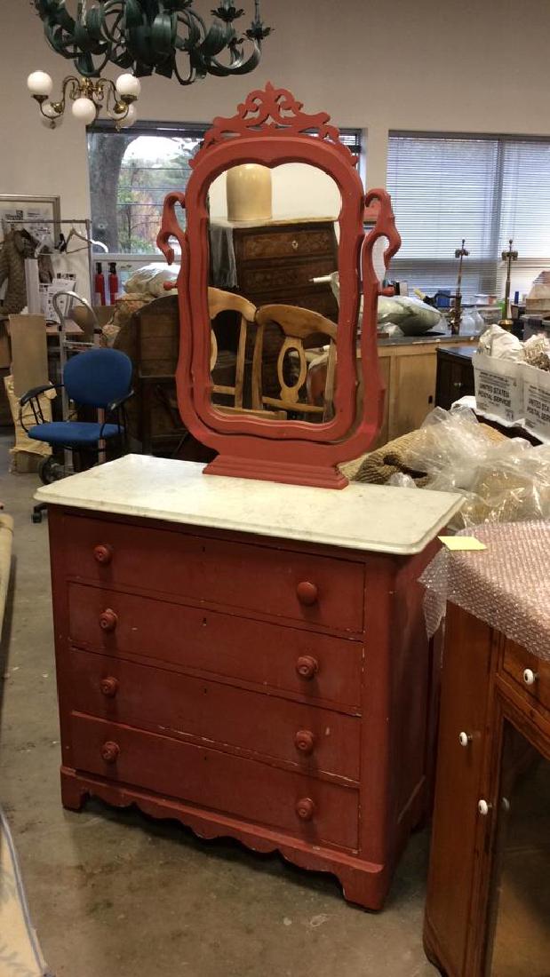 Red Painted Marble Topped Dresser W Mirror (1 of 10)