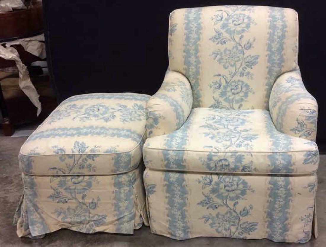 Upholstered Blue White Arm Chair W Ottoman (1 of 10)